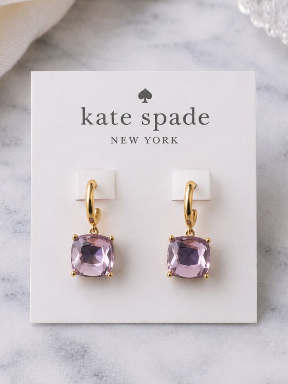Kate Spade Purple Crystal Drop Earrings Gold Huggie Hoop Dangle